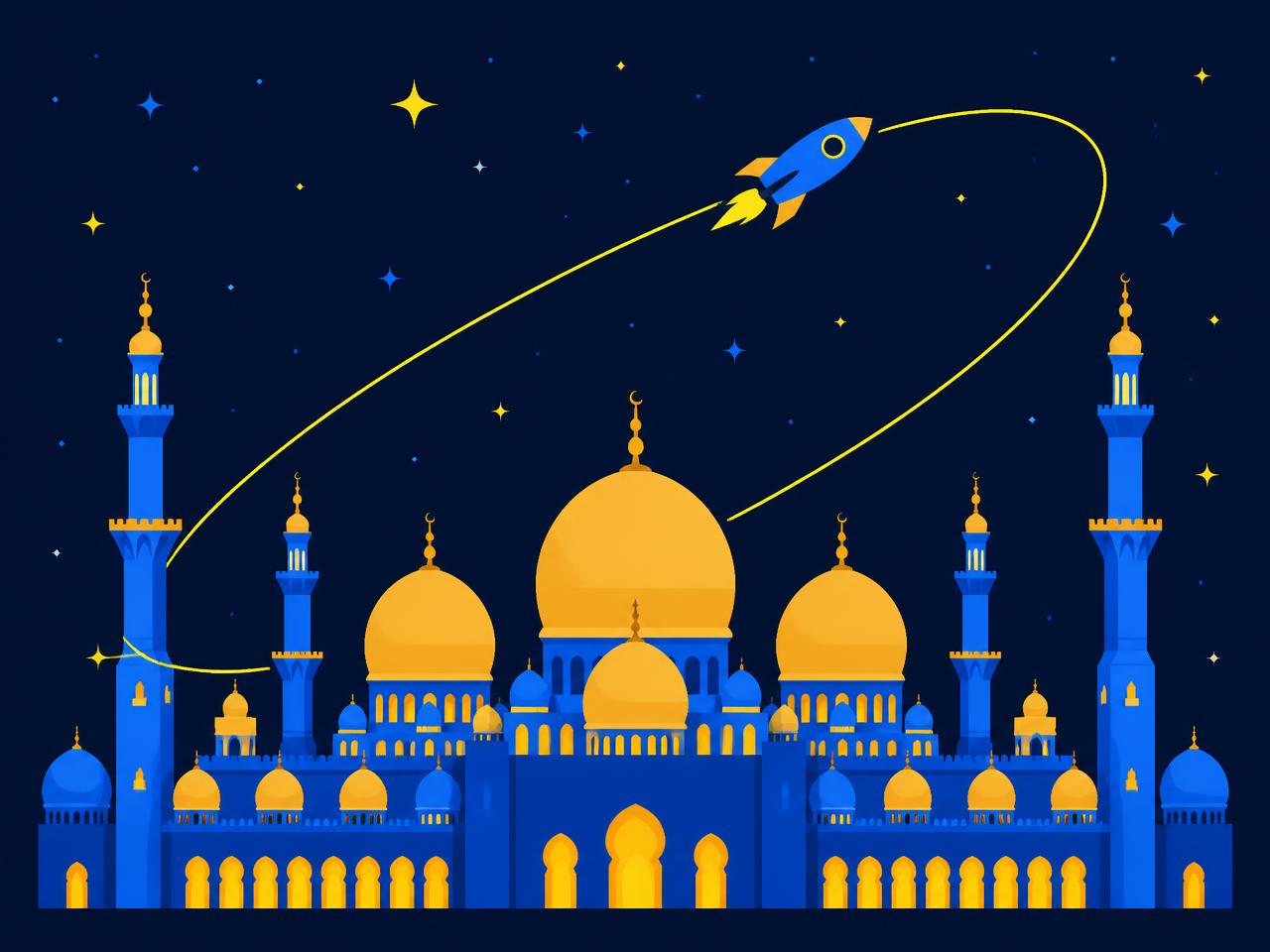 Flat vector illustration of Sheikh Zayed Grand Mosque with a rocket and orbits