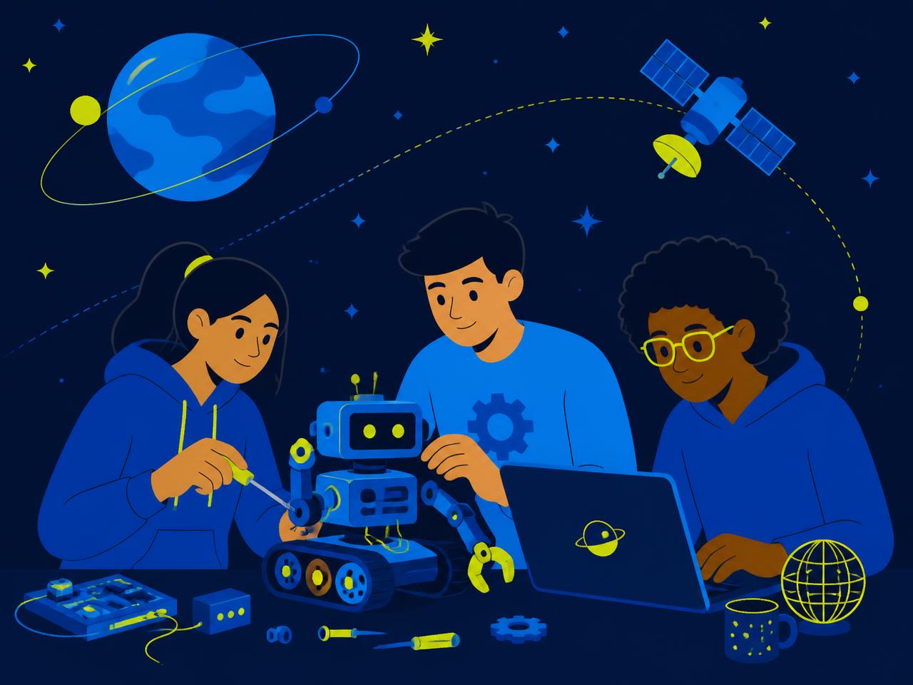 Flat vector illustration of three people building a robotics project under a planet and satellite