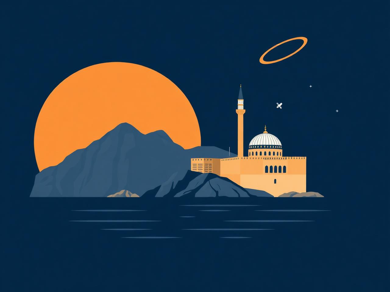 Flat vector illustration of Al Bidyah Mosque with a rocket and orbits