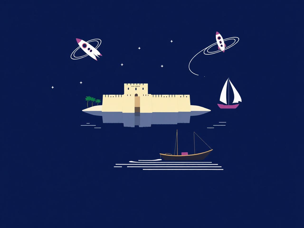 Flat vector illustration of Umm Al Quwain Fort with a rocket and orbits